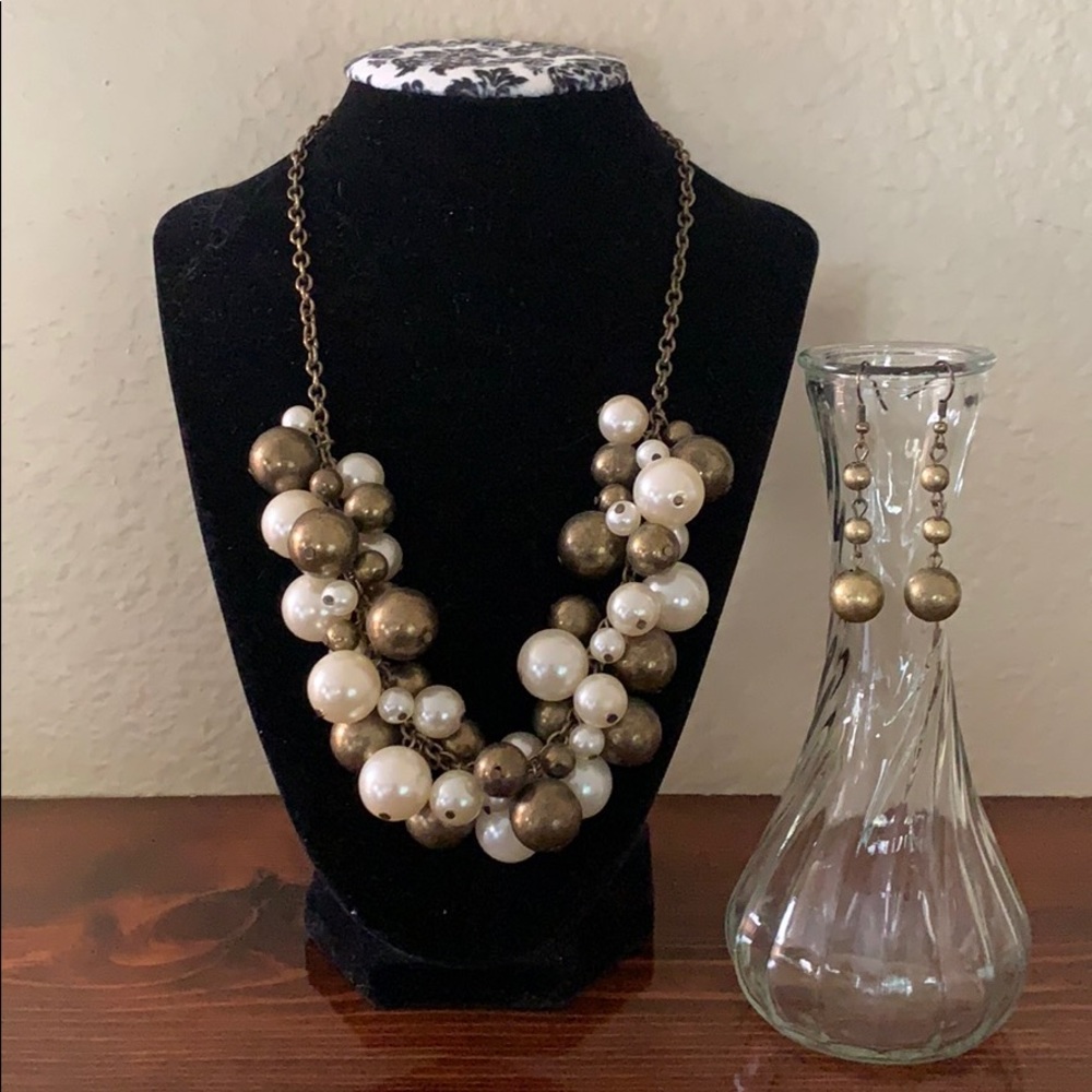 Gold and Cream Beaded Necklace and Earring Set